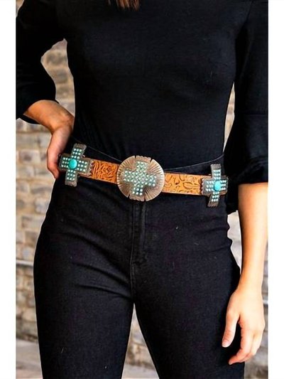 Lucky & Blessed Turquoise Cross Concho Tooled Belt In Brown product