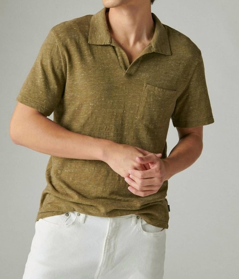 Linen Short Sleeve Johnny Collar Polo - Olive