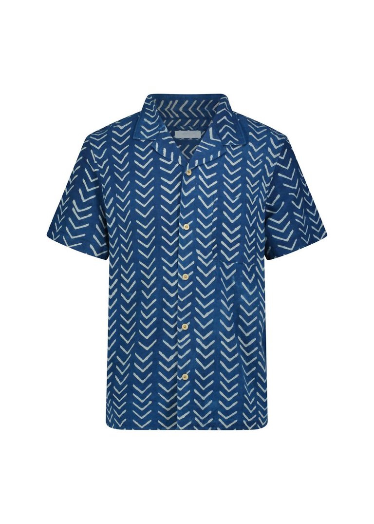 Printed Short Sleeve Camp Collar Shirt In Indigo Stripe