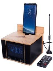 Sonic Charge-Bluetooth Speaker-Wireless Phone Charger- Clock- 8 in 1 Functions - Wood Finish