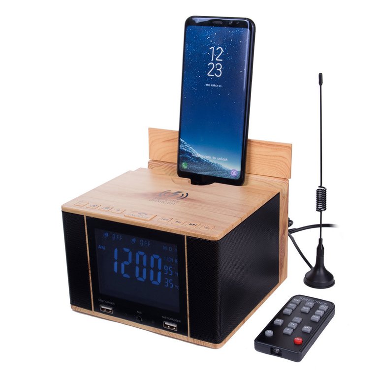 Sonic Charge-Bluetooth Speaker-Wireless Phone Charger- Clock- 8 in 1 Functions - Wood Finish