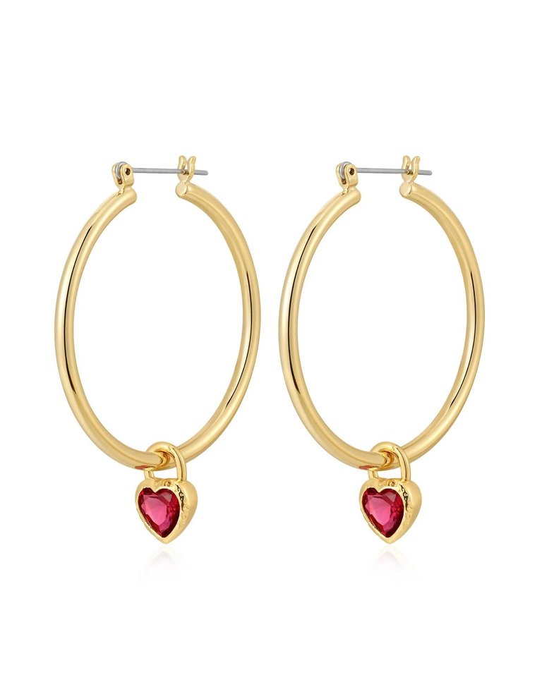 Bezel Heart Charm Hoops - Gold