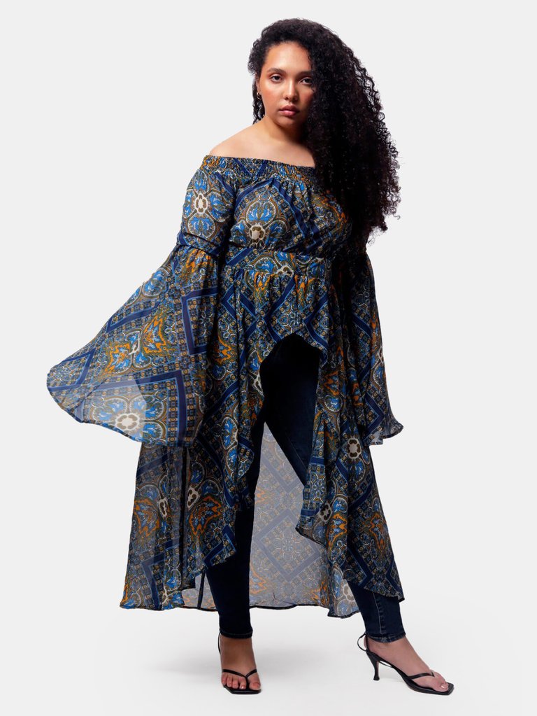 Flynn Off The Shoulder Duster - Scarf Print