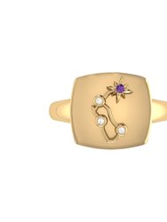 Aquarius Water-Bearer Amethyst & Diamond Constellation Signet Ring in 14K Yellow Gold on Sterling Silver