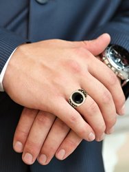 Black Onyx Stone Signet Ring in 14K Yellow Gold Plated Sterling Silver with Enamel