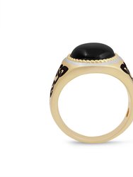 Black Onyx Stone Signet Ring in 14K Yellow Gold Plated Sterling Silver with Enamel