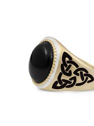 Black Onyx Stone Signet Ring in 14K Yellow Gold Plated Sterling Silver with Enamel