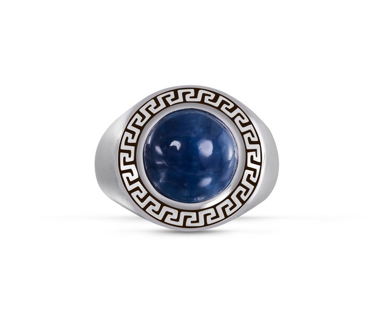 Blue Apatite Stone Signet Ring in Black Rhodium Plated Sterling Silver - Silver