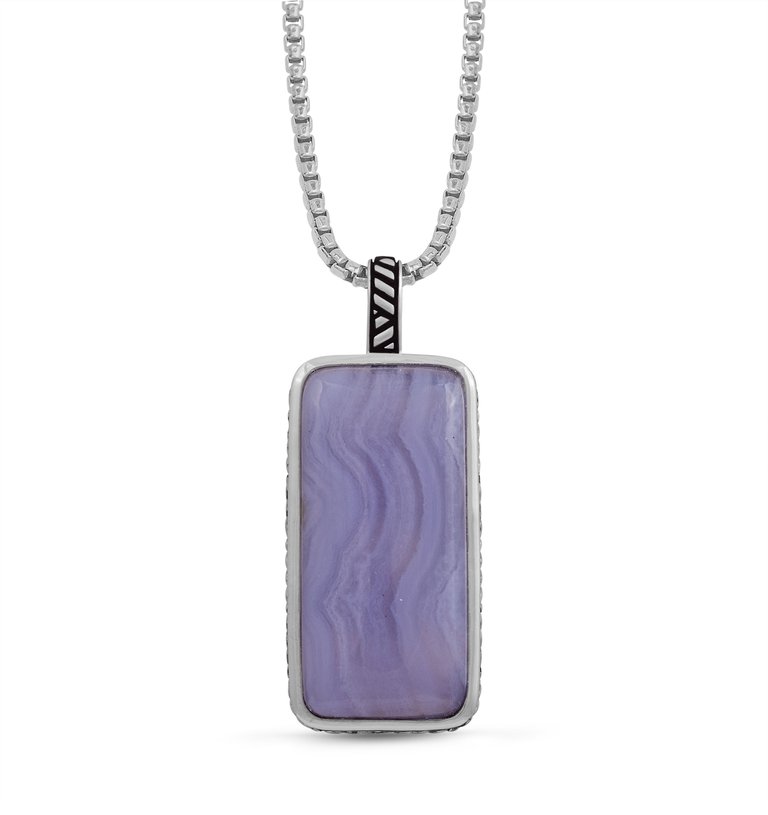 Blue Lace Agate Stone Tag in Black Rhodium Plated Sterling Silver - Silver