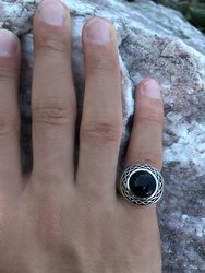 Blue Sand Stone Flat Back Cabochon Signet Ring in Black Rhodium Plated Sterling Silver