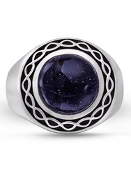 Blue Sand Stone Flat Back Cabochon Signet Ring in Black Rhodium Plated Sterling Silver - Blue Sand Stone