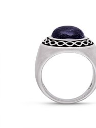 Blue Sand Stone Flat Back Cabochon Signet Ring in Black Rhodium Plated Sterling Silver