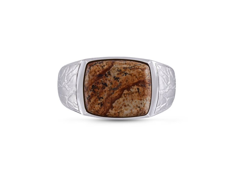 Brown Picasso Jasper Stone Signet Ring in 14K Yellow Gold Plated Sterling Silver - Silver