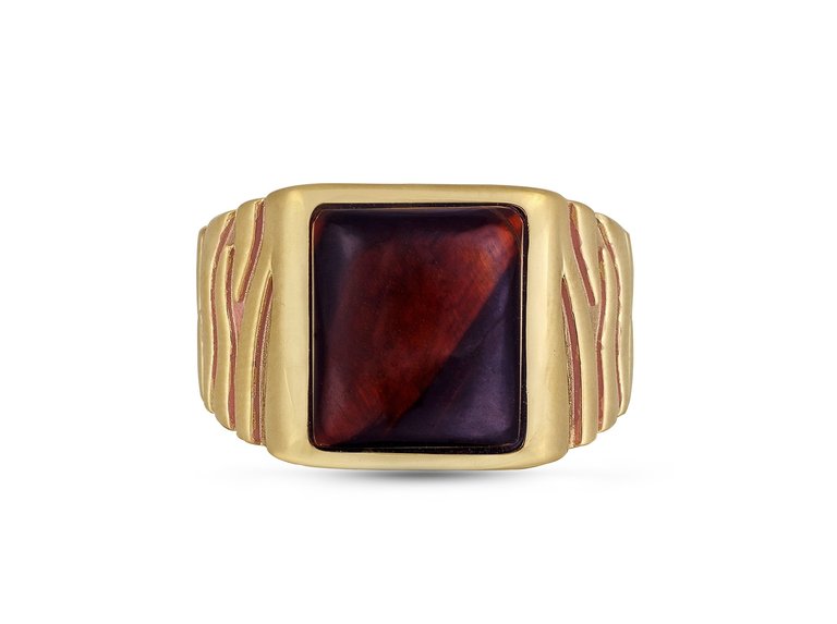 Chatoyant Red Tiger Eye Stone Signet Ring in Brown Rhodium & 14K Yellow Gold Plated Sterling Silver - Gold