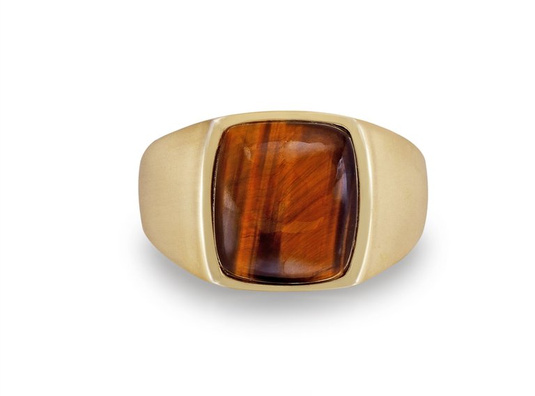 Chatoyant Yellow Tiger Eye Signet Ring in 14K Yellow Gold Plated Sterling Silver - Gold