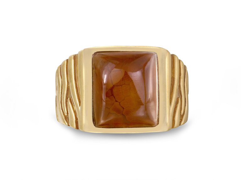 Cracked Agate Stone Signet Ring in Brown Rhodium & 14K Yellow Gold Plated Sterling Silver - Gold