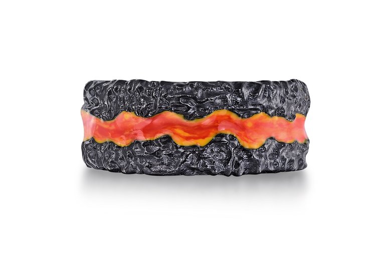Fire in My Soul Black Rhodium Plated Sterling Silver Textured Red Orange Enamel Band Ring - Black Rhodium