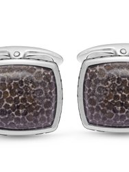 Fossil Agate Stone Cufflinks in Black Rhodium Plated Sterling Silver - Silver
