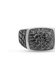 Fossil Agate Stone Signet Ring in Black Rhodium Plated Sterling Silver - Silver