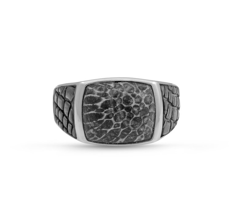 Fossil Agate Stone Signet Ring in Black Rhodium Plated Sterling Silver - Silver