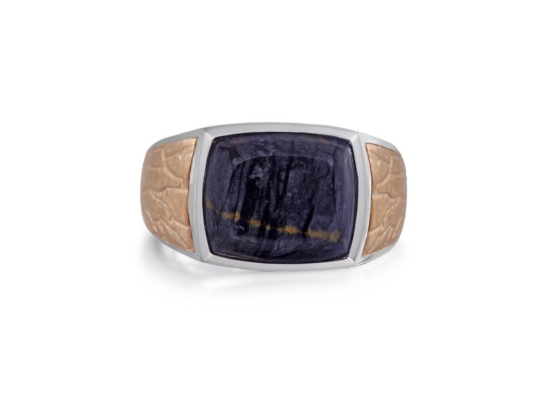 Grey Picture Agate Stone Signet Ring in Brown Rhodium Plated Sterling Silver - Grey Picture Agate Stone
