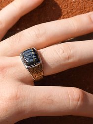 Grey Picture Agate Stone Signet Ring in Brown Rhodium Plated Sterling Silver