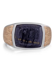 Grey Picture Agate Stone Signet Ring in Brown Rhodium Plated Sterling Silver - Grey Picture Agate Stone