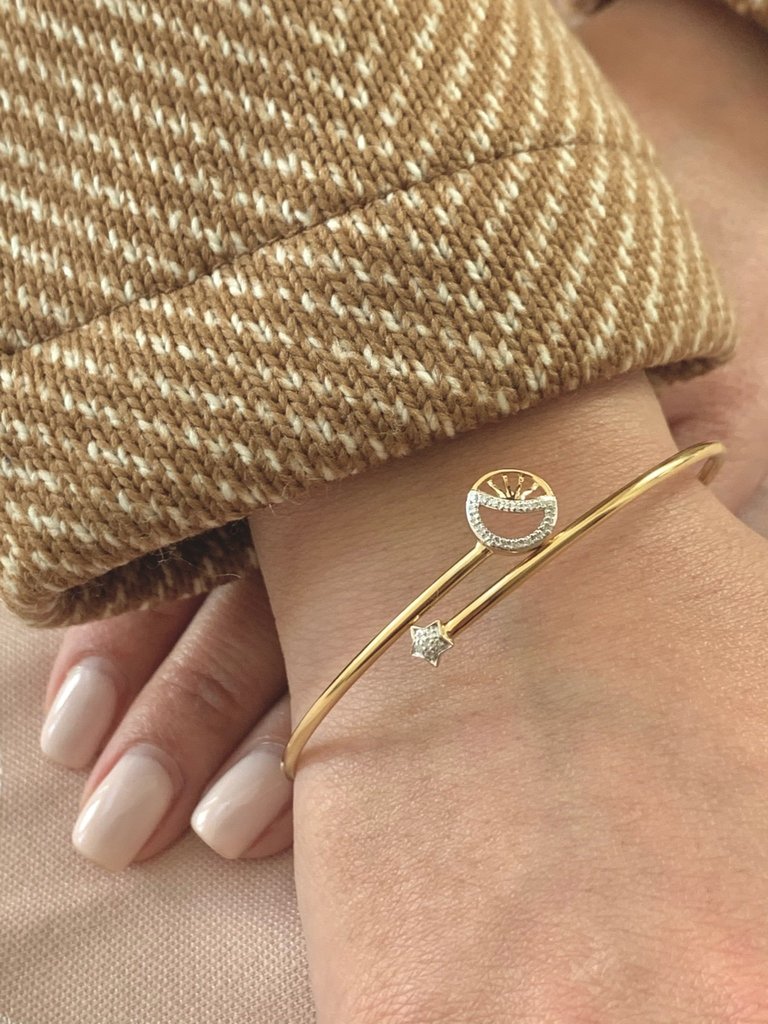 Half Moon Star Adjustable Diamond Bangle In 14K Yellow Gold Vermeil On Sterling Silver