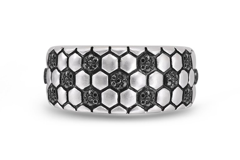 Kick & Goal Soccer Black Rhodium Plated Sterling Silver Black Diamond Band Ring - Silver