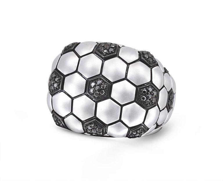 Kick & Goal Soccer Black Rhodium Plated Sterling Silver Black Diamond Head Ring - Silver