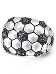 Kick & Goal Soccer Black Rhodium Plated Sterling Silver Black Diamond Head Ring - Silver