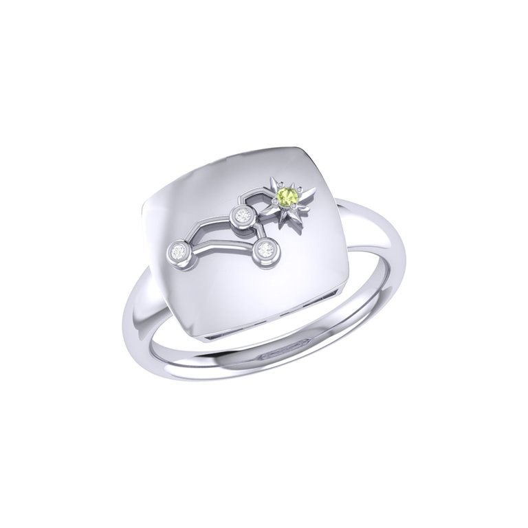 Leo Lion Peridot & Diamond Constellation Signet Ring in Sterling Silver - Silver