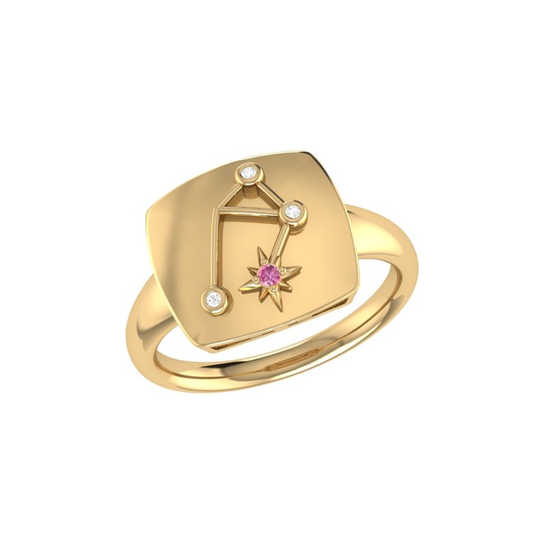 Libra Scales Pink Tourmaline & Diamond Constellation Signet Ring In 14K Yellow Gold Vermeil On Sterling Silver - Yellow Gold