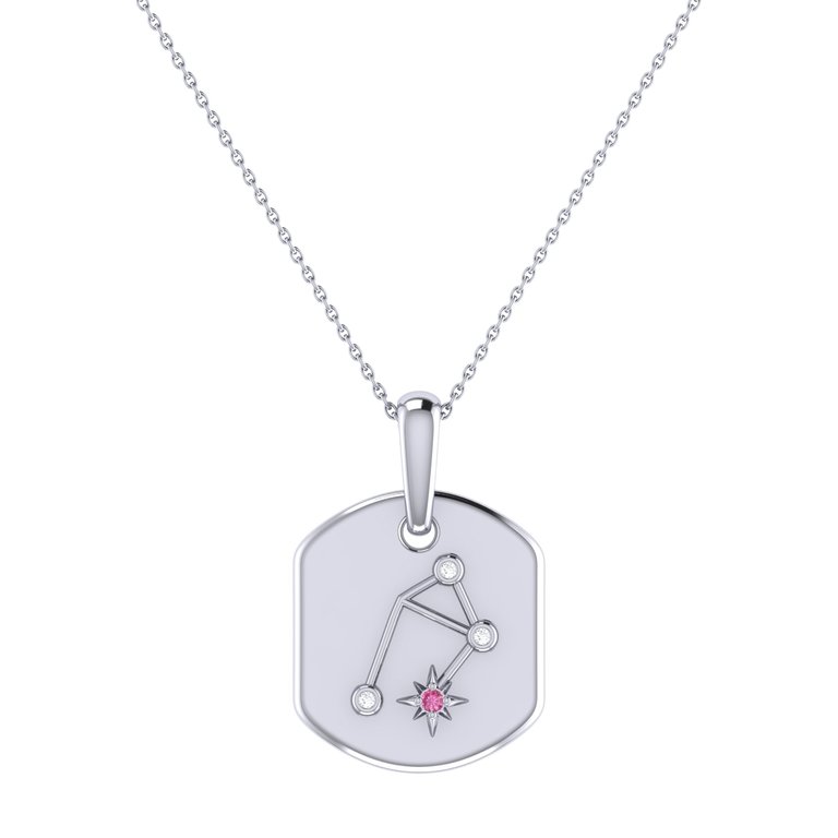 Libra Scales Pink Tourmaline & Diamond Constellation Tag Pendant Necklace In Sterling Silver - Silver