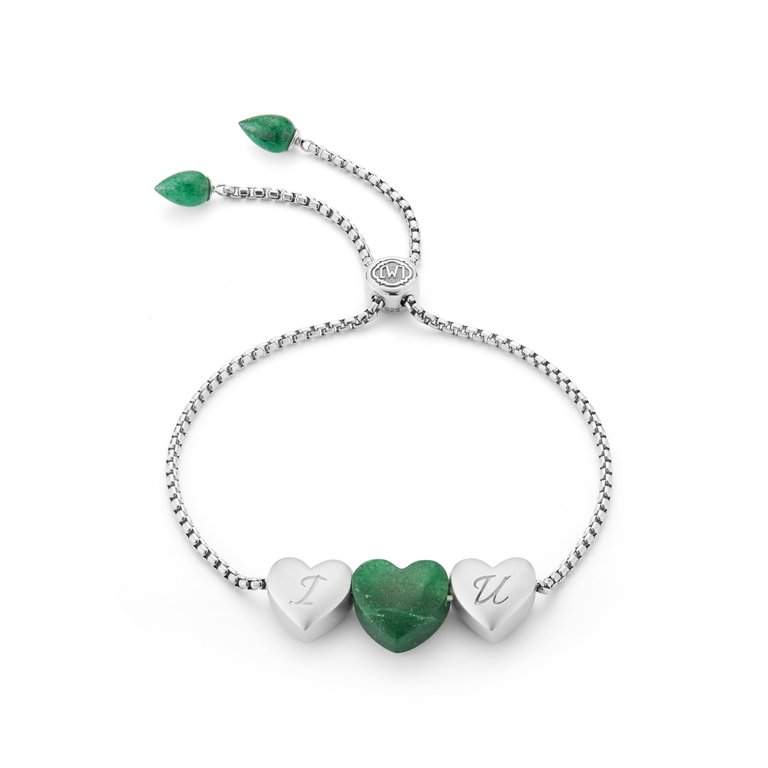 Luv Me Green Aventurine Bolo Adjustable I Love You Heart Bracelet In Sterling Silver - Silver