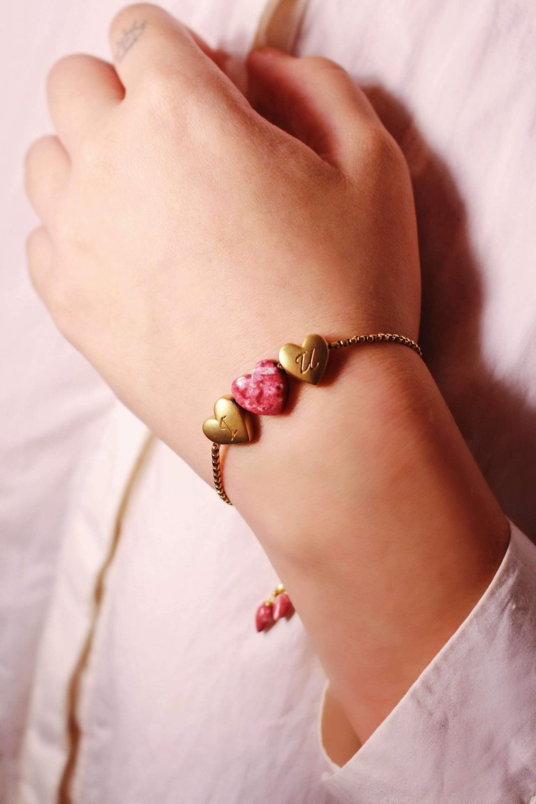 Luv Me Thulite Bolo Adjustable I Love You Heart Bracelet In 14K Yellow Gold Plated Sterling Silver