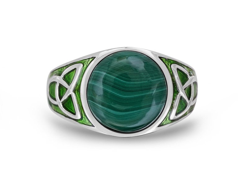 Malachite Cabochon Flat Back Stone Signet Ring in Sterling Silver with Enamel - Silver