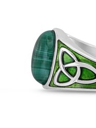 Malachite Cabochon Flat Back Stone Signet Ring in Sterling Silver with Enamel