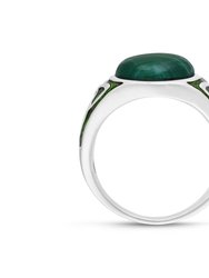 Malachite Cabochon Flat Back Stone Signet Ring in Sterling Silver with Enamel