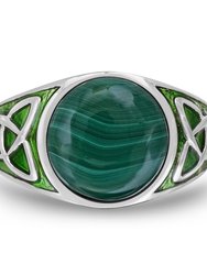 Malachite Cabochon Flat Back Stone Signet Ring in Sterling Silver with Enamel - Silver