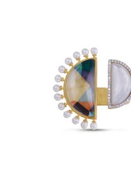 My Colorful Legacy Pearl & Moonstone Diamond Open Ring In 14K Yellow Gold Plated Sterling Silver - Yellow Gold