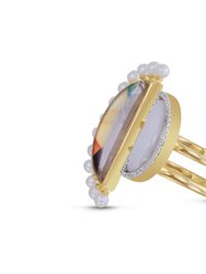 My Colorful Legacy Pearl & Moonstone Diamond Open Ring In 14K Yellow Gold Plated Sterling Silver