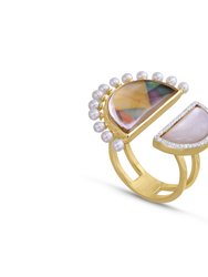 My Colorful Legacy Pearl & Moonstone Diamond Open Ring In 14K Yellow Gold Plated Sterling Silver