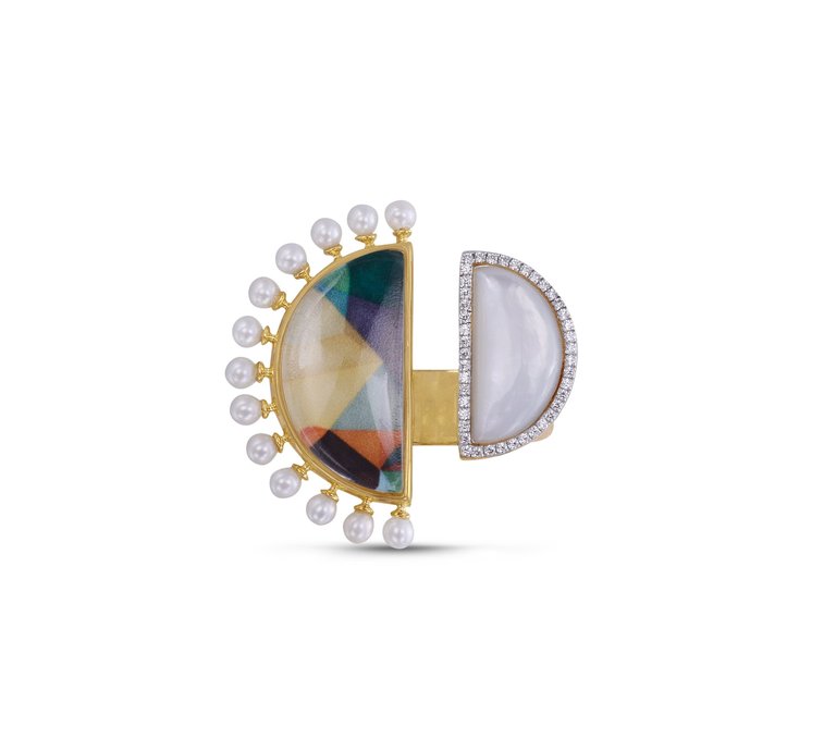 My Colorful Legacy Pearl & Moonstone Diamond Open Ring In 14K Yellow Gold Plated Sterling Silver - Yellow Gold