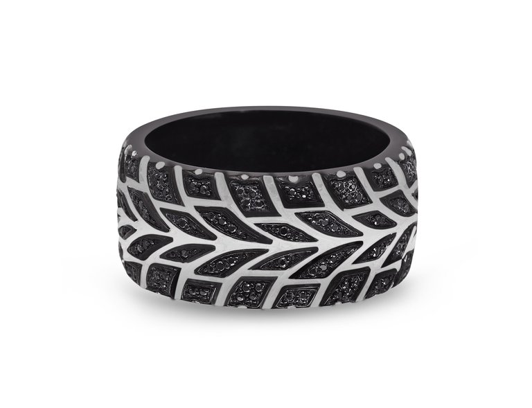 Racer Swag Black Rhodium Plated Sterling Silver Tire Tread Black Diamond Band Ring - Sterling Silver