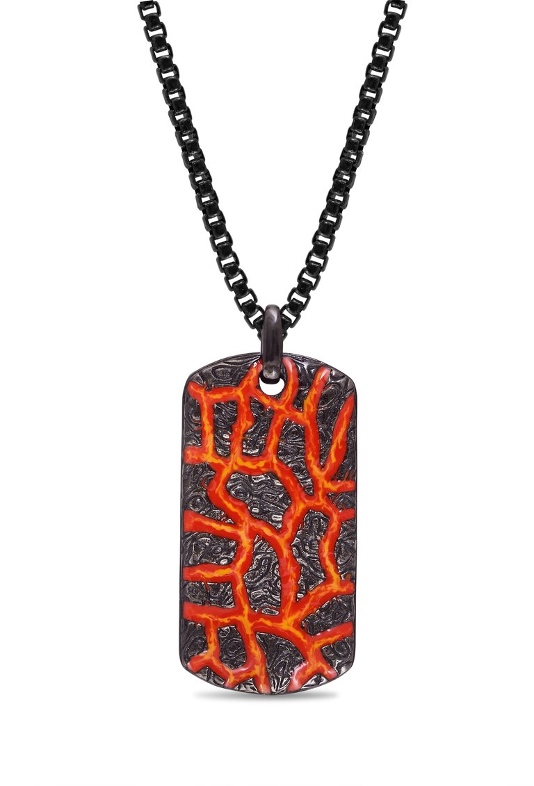 Rivers of Fire Black Rhodium Plated Sterling Silver Textured Red Orange Enamel Tag - Black Rhodium