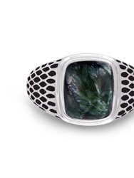 Seraphinite Stone Signet Ring In Black Rhodium Plated Sterling Silver - Silver