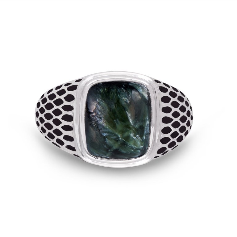 Seraphinite Stone Signet Ring In Black Rhodium Plated Sterling Silver - Silver