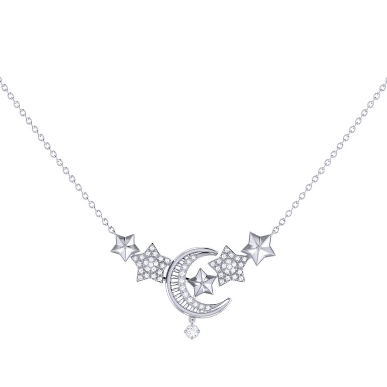 Star Cluster Moon Crescent Diamond Necklace in Sterling Silver - Silver