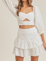 Eyelet Crop Top And Mini Skirt Set - White